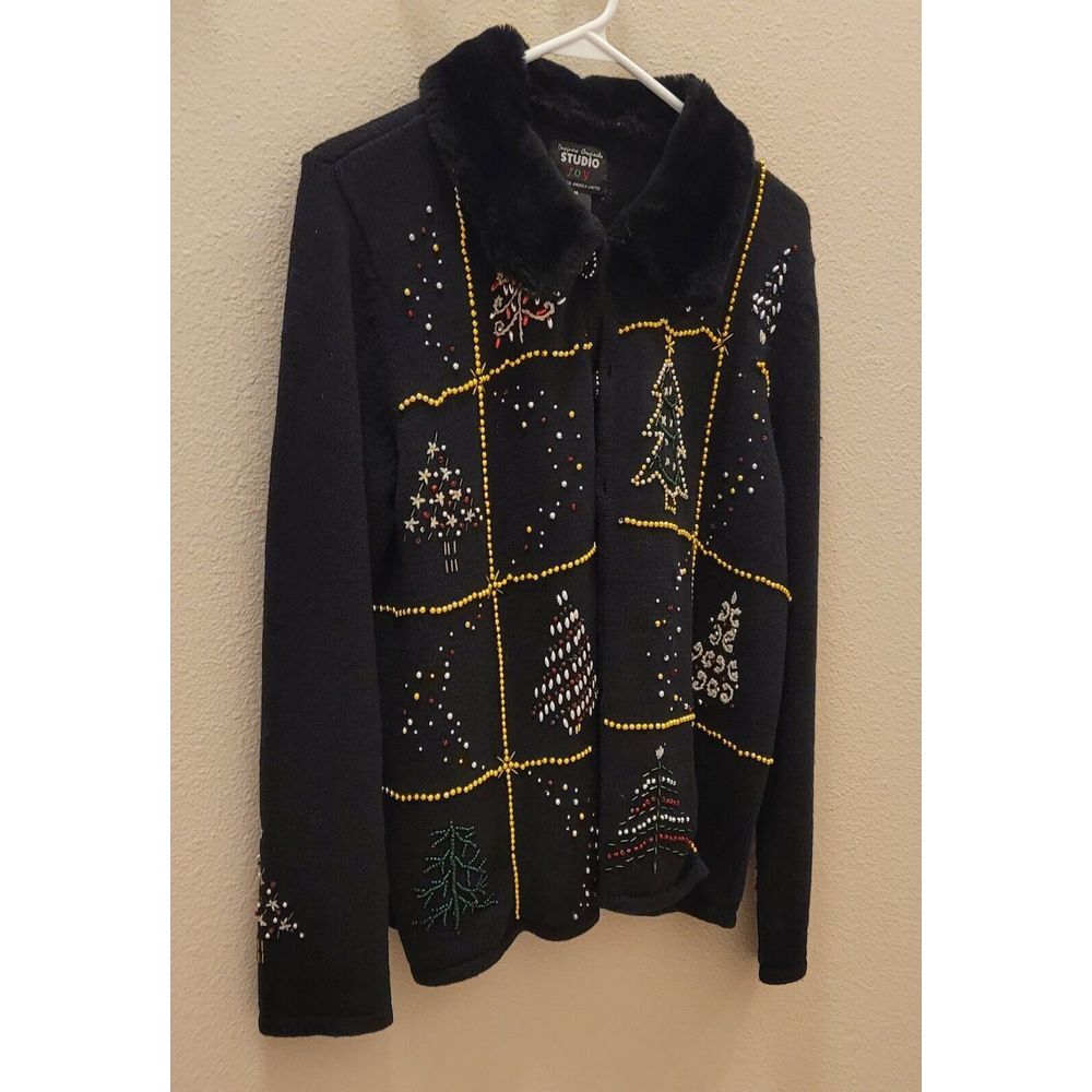 Designers originals studio joy women's Black M Cardigan sweater Bead embroidered